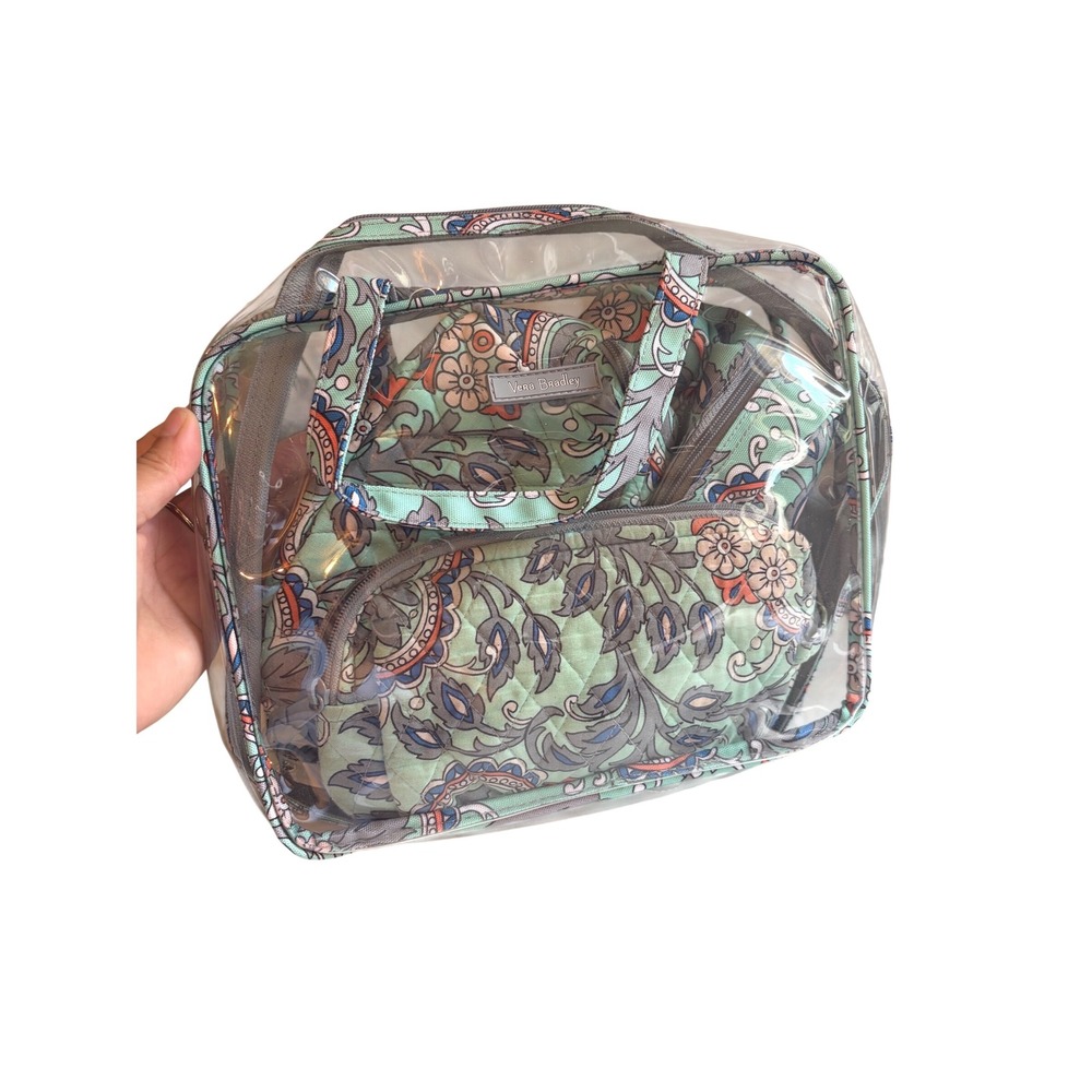Vera Bradley 4 Piece Cosmetic Travel Set Mint Green Floral Paisley Clear Bag
